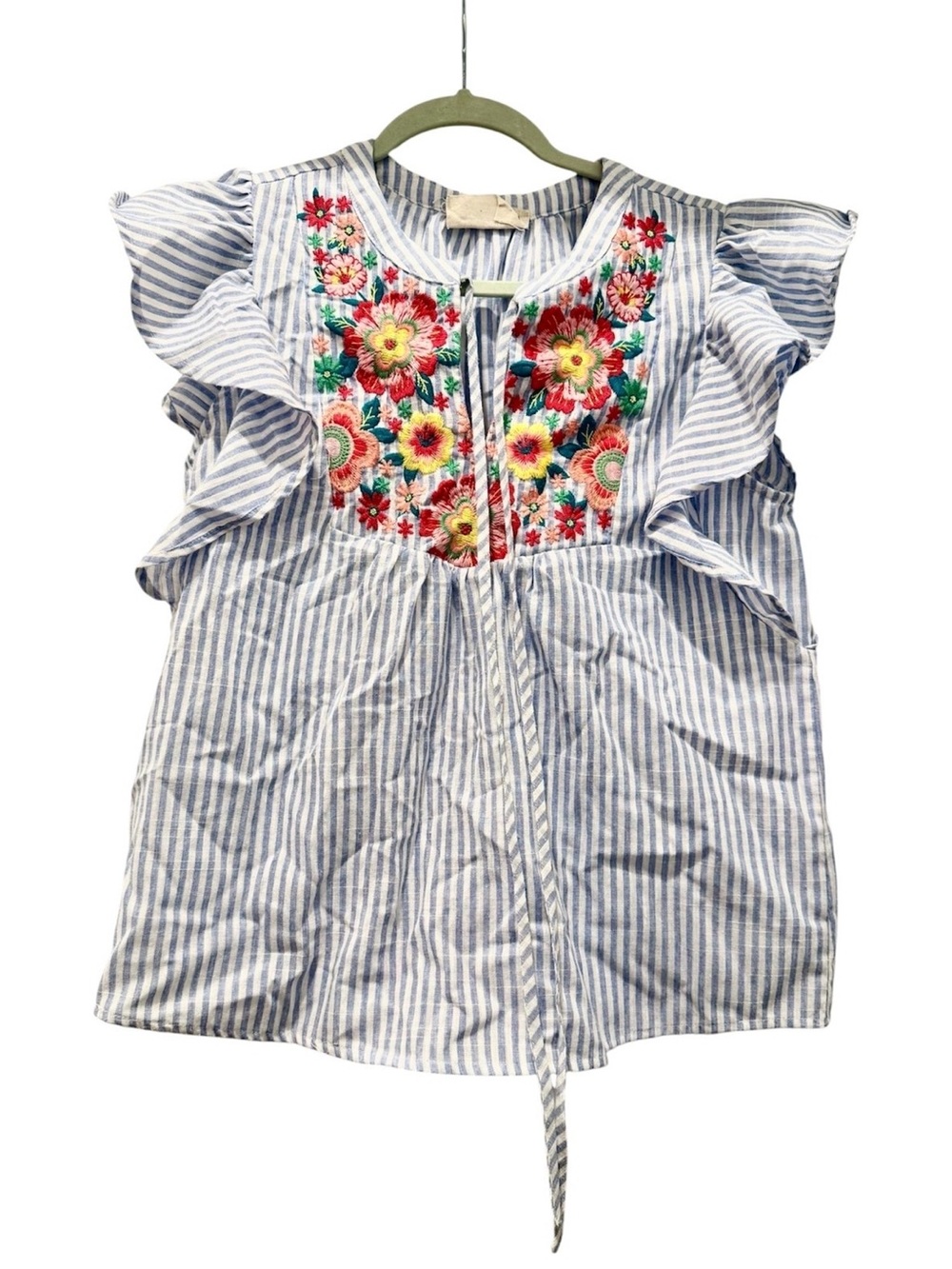 Savanna Jane Blue & White Striped Embroidered Flutter Sleeve Top, Small, EUC!